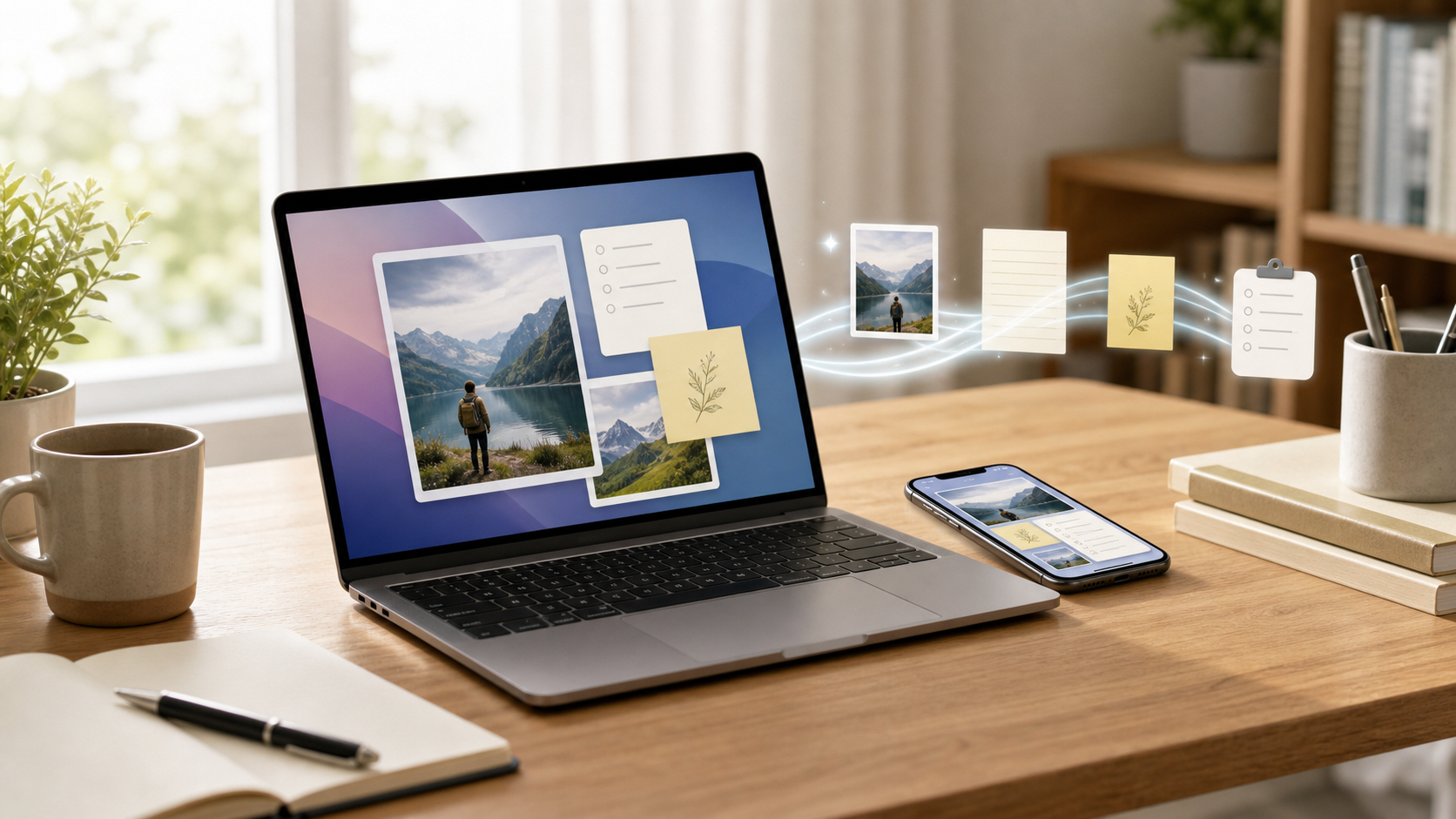 ノート PC とスマートフォンの間で写真やメモが自然につながる作業机