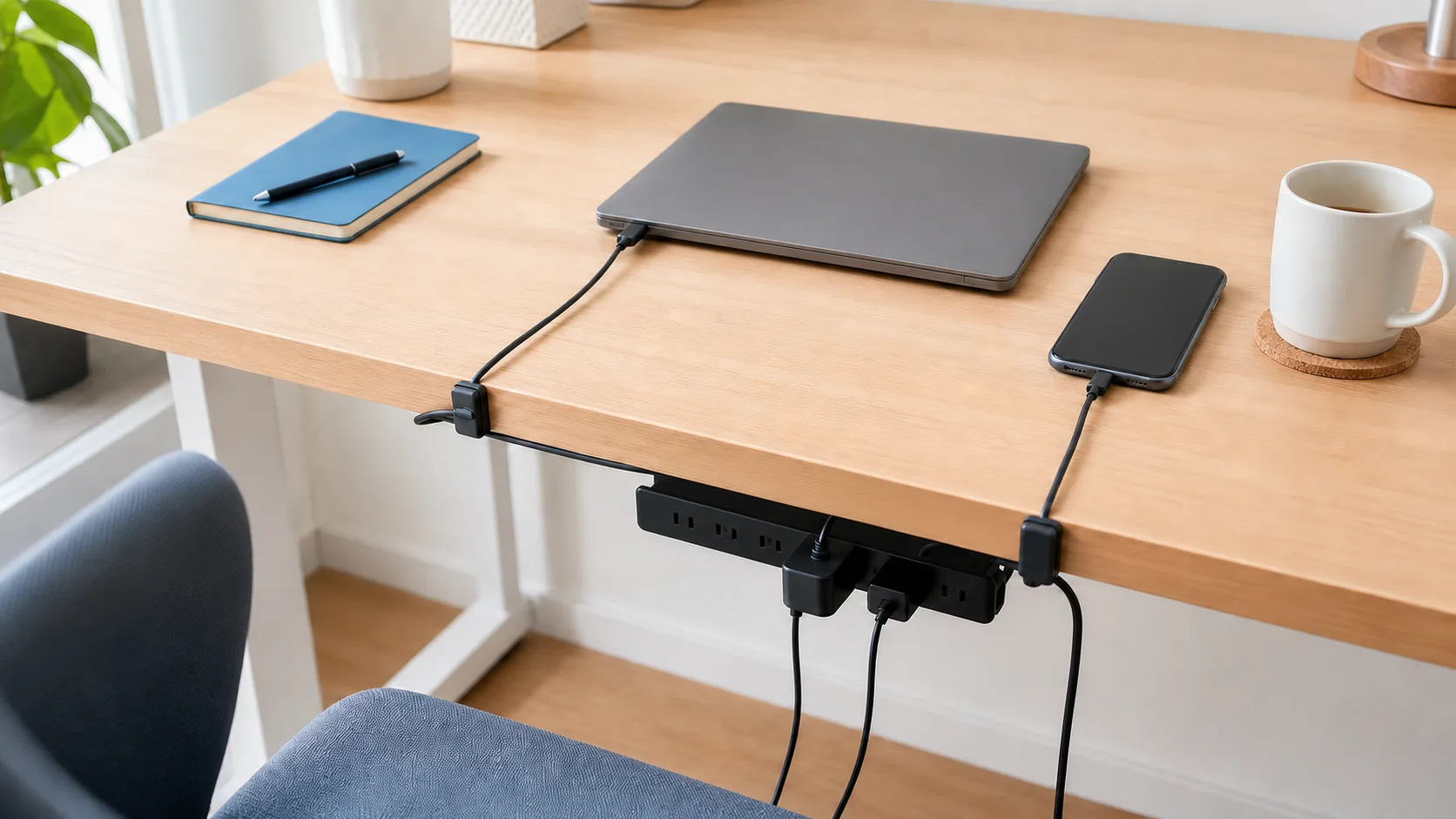 机の端にUSBケーブルを緩く固定し電源コードと分けて配線するイメージ