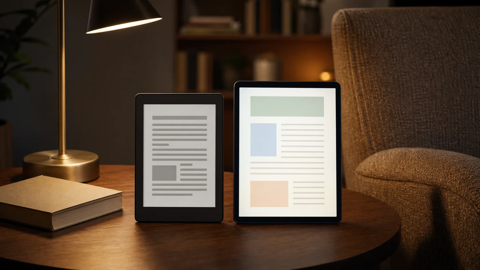 単色の電子ペーパー端末とカラー表示のタブレットを同じ読書椅子の横で比較するイメージ