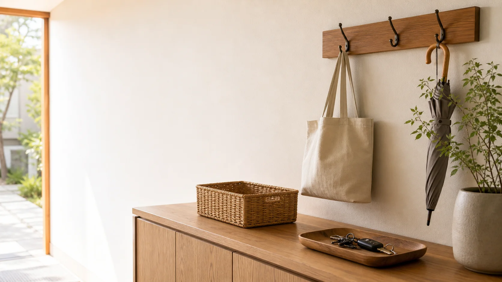 玄関の壁際に鍵、財布、郵便物、持ち出す物を分けて置いた収納イメージ