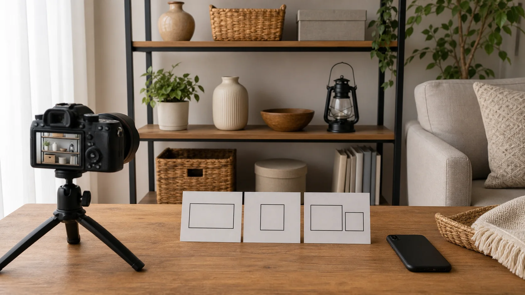 部屋全体、収納内部、家電の型番部分を個人情報なしで順に撮影するイメージ