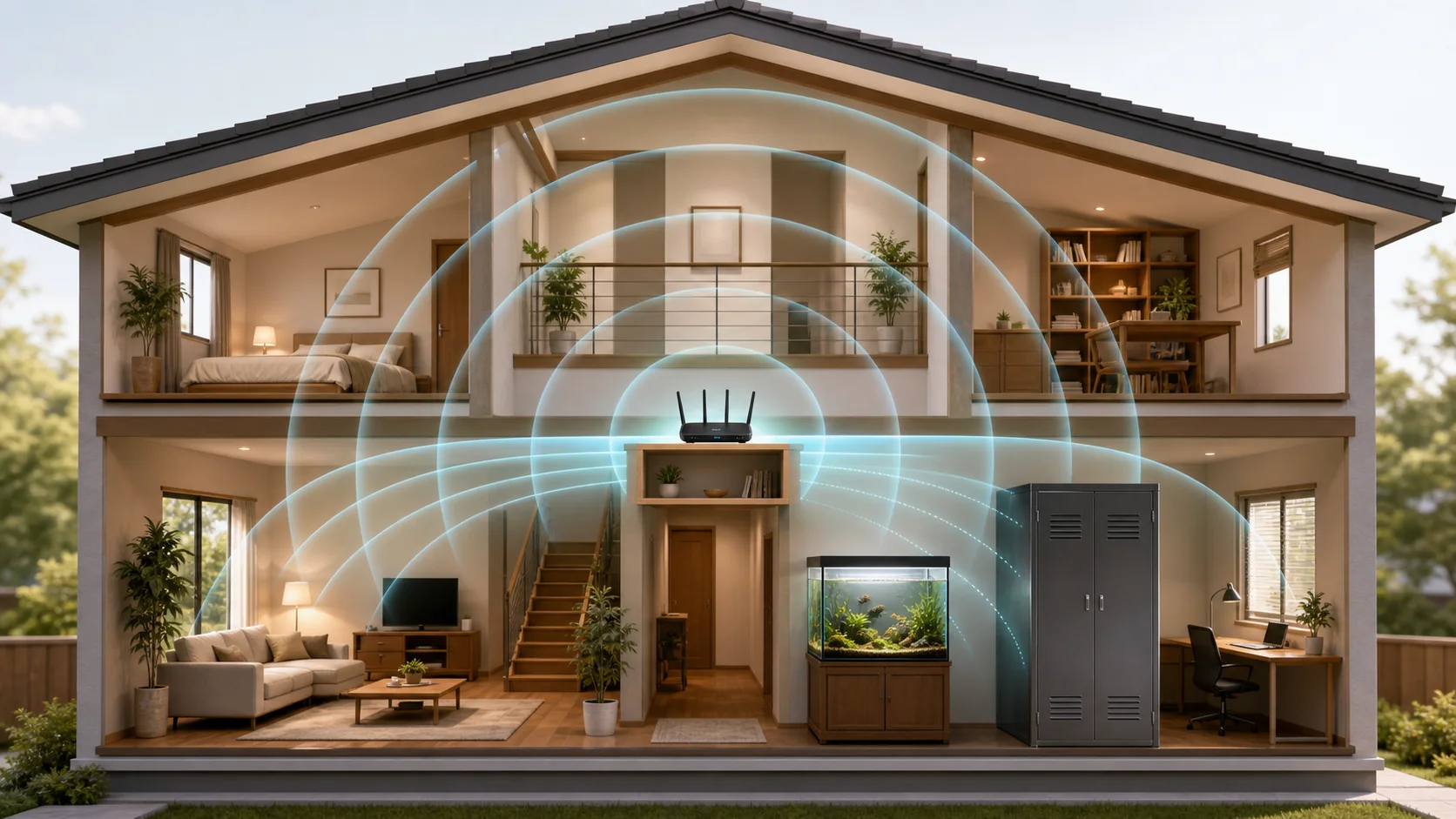 家の間取り中央付近から複数の部屋へ電波が広がるルーター配置のイメージ