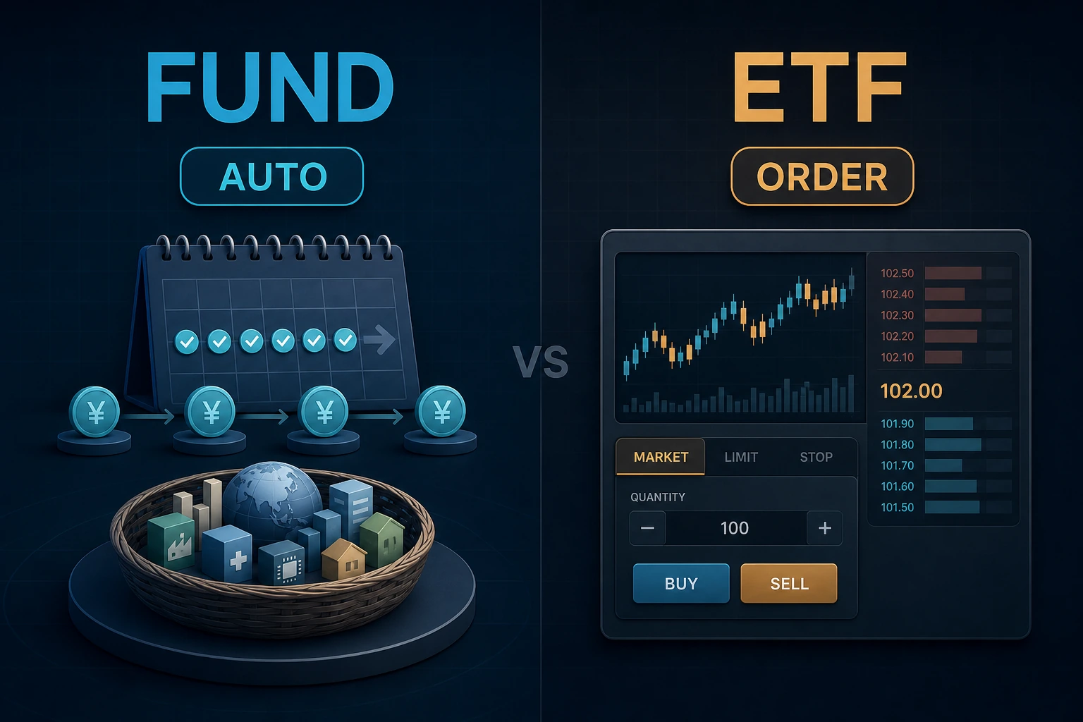 投資信託とETFの違いを比較する表のイメージ
