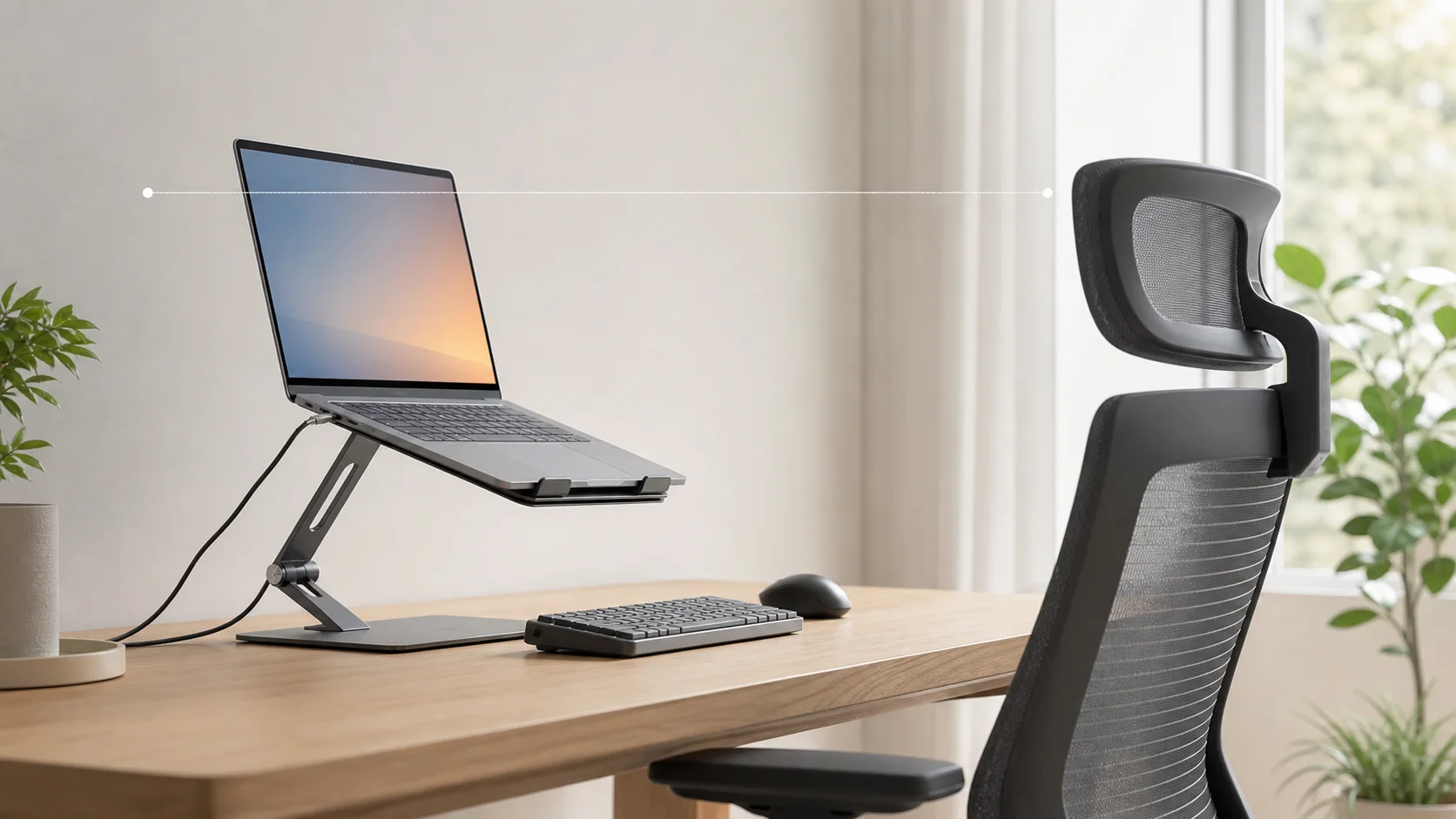 目線の高さへ上げたノートPCと机上の外付けキーボード、マウスの作業環境
