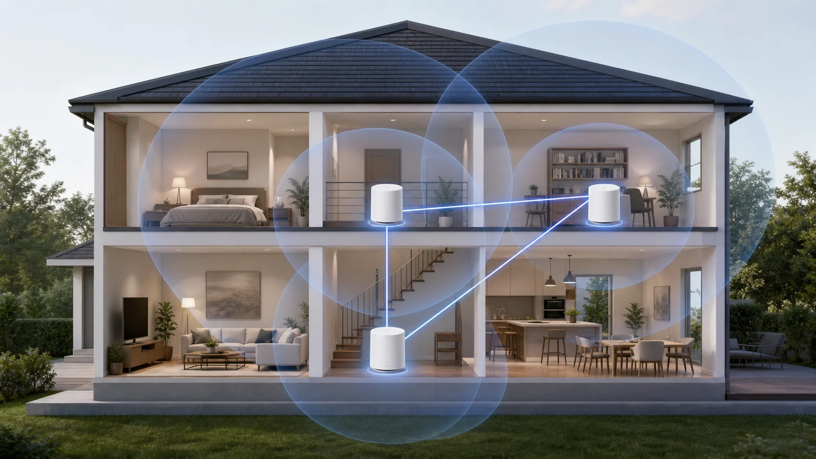 二階建ての家で親機と二台の子機を重なり合う電波範囲に置くイメージ