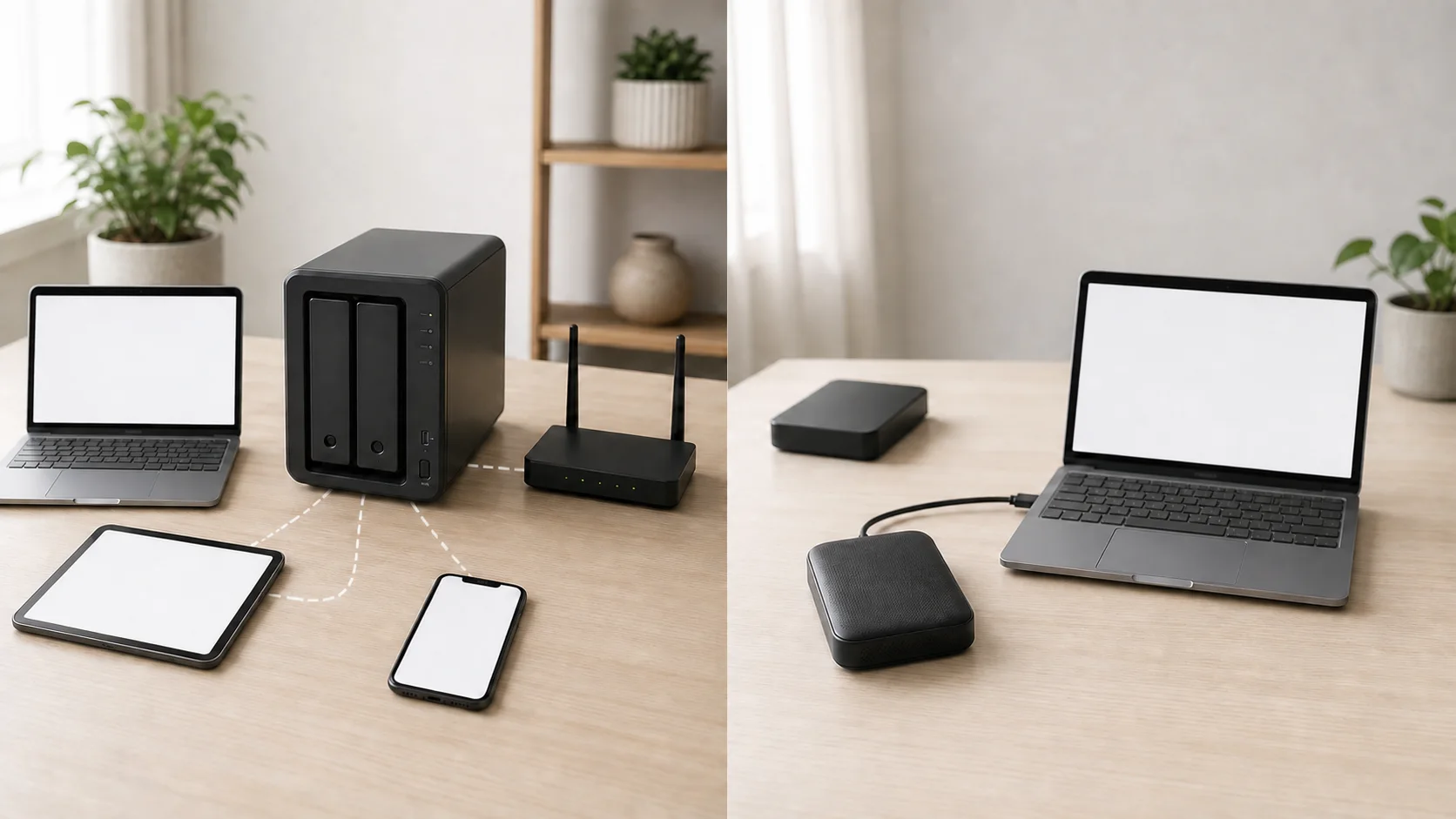 家庭内ネットワーク上の複数端末へつながるNASと一台のPCへ直結する外付けHDDの比較