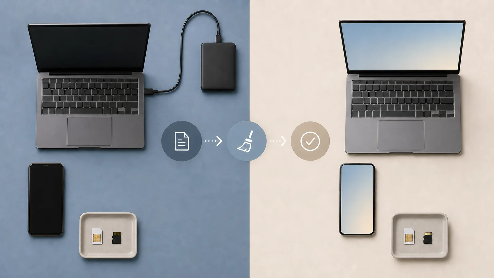 古いスマートフォンとノートPCからバックアップ媒体へデータを移し、初期化状態を確認するイメージ