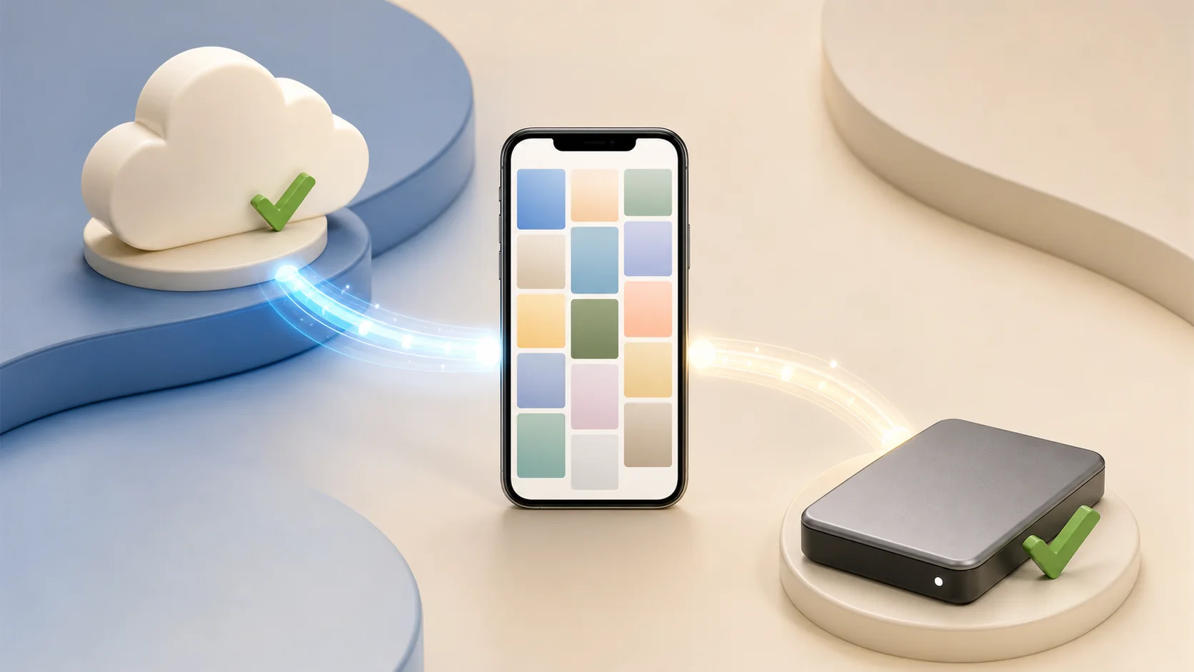 スマートフォンの写真をクラウドと外付けストレージへ別々にコピーするイメージ