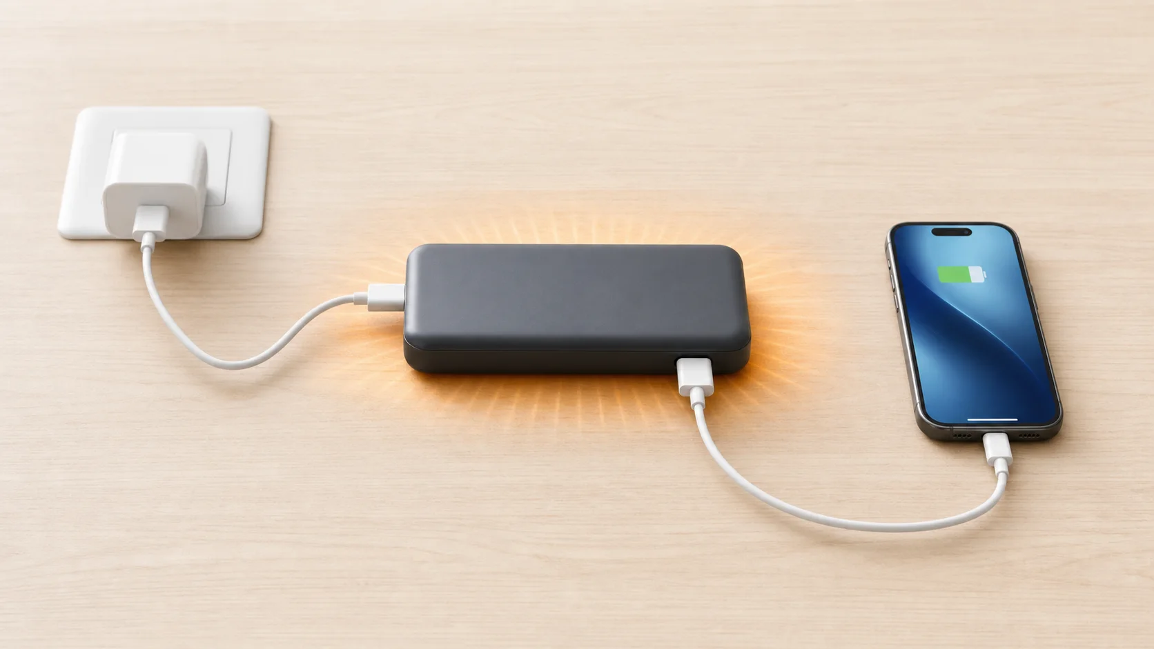 充電器、モバイルバッテリー、スマートフォンを接続し発熱と対応可否を確認するイメージ