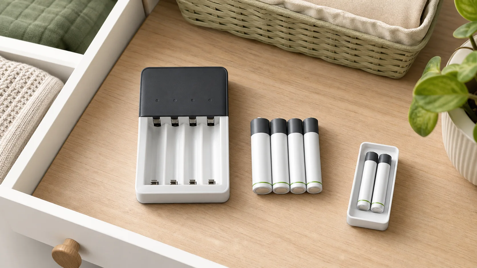 単3形と単4形の充電池を対応充電器と組にして管理するイメージ