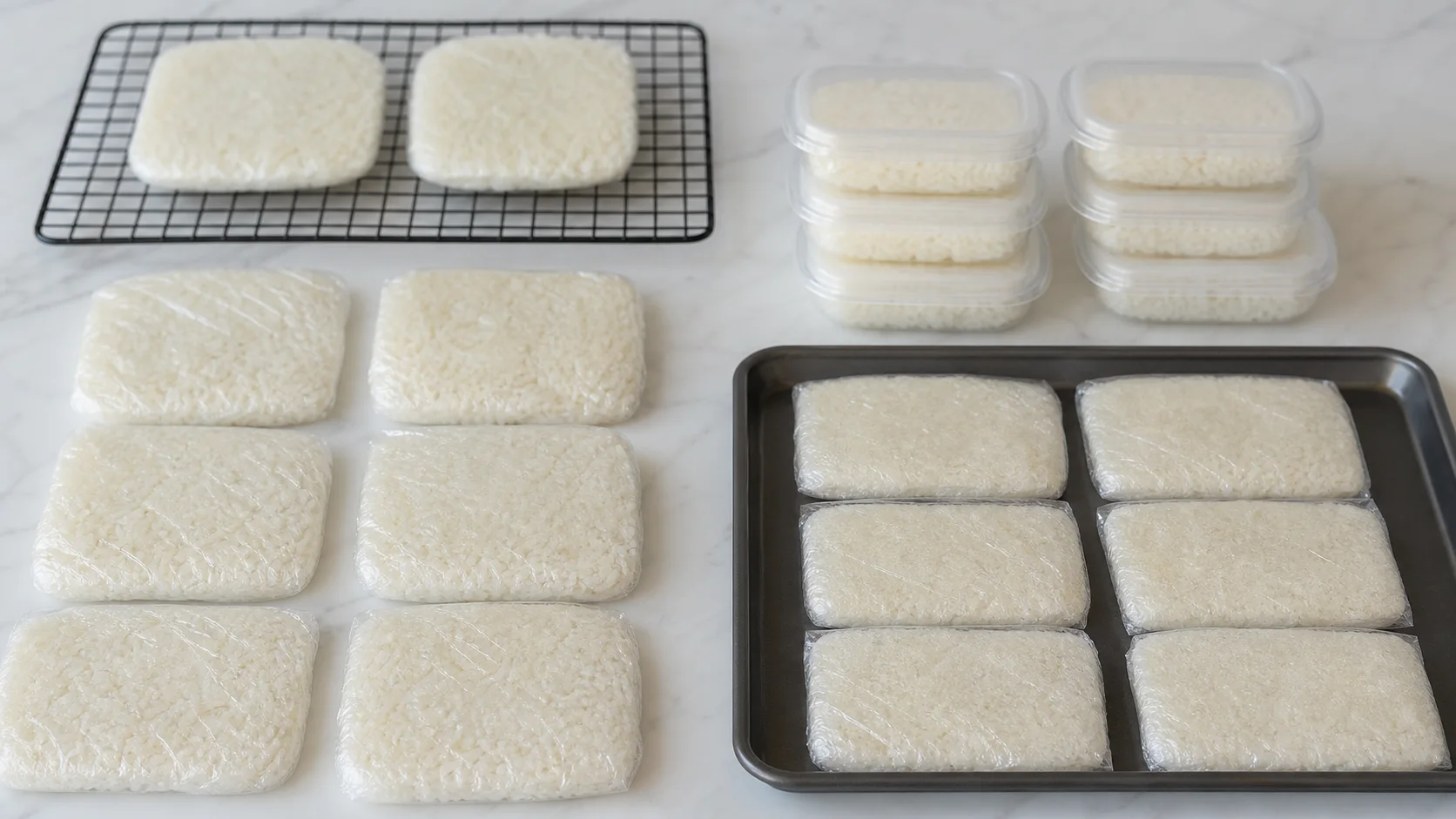 一食分ずつ同じ厚みに平らにした冷凍ご飯のイメージ