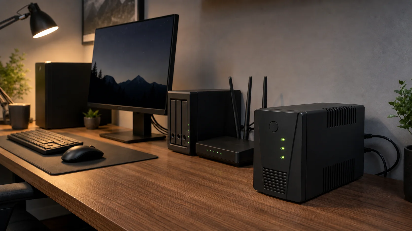 UPSへPC、モニター、ルーターを接続する前に必要電力と停止順を確認するイメージ