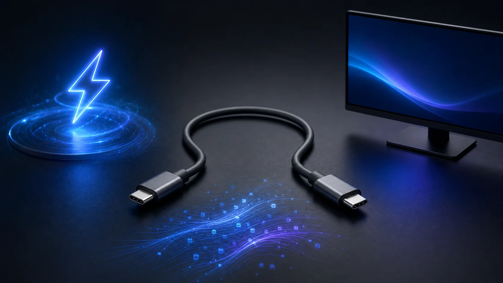 USB-Cケーブルの充電、データ転送、映像出力を三つに分けて確認するイメージ