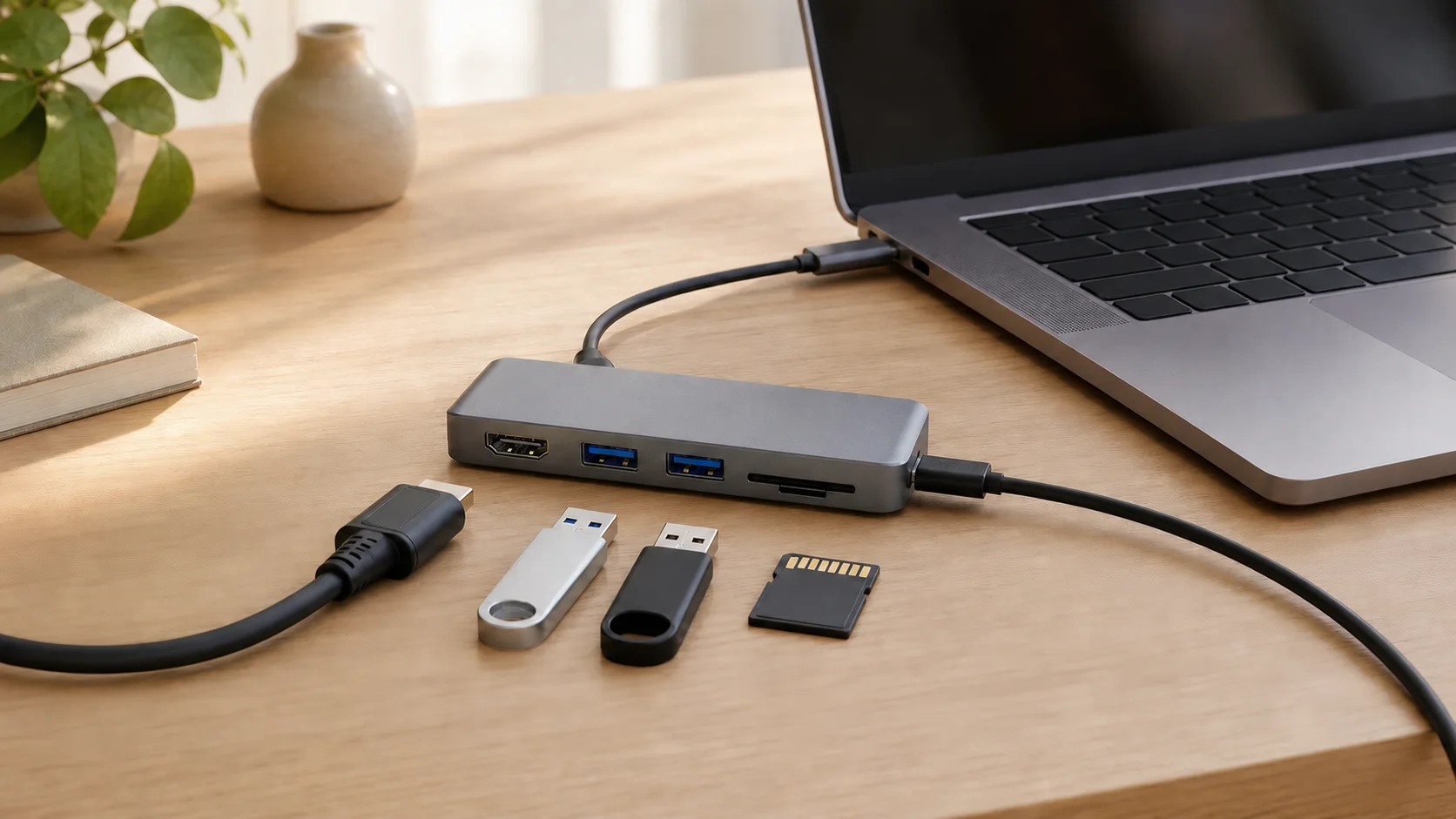 ノートPC、モニター、USB機器、SDカードをUSB-Cハブへ接続する構成イメージ