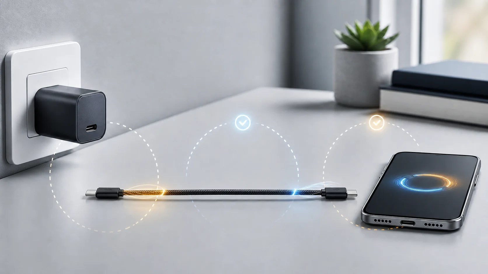 充電器、USB-Cケーブル、スマートフォンの対応規格を順に確認するイメージ