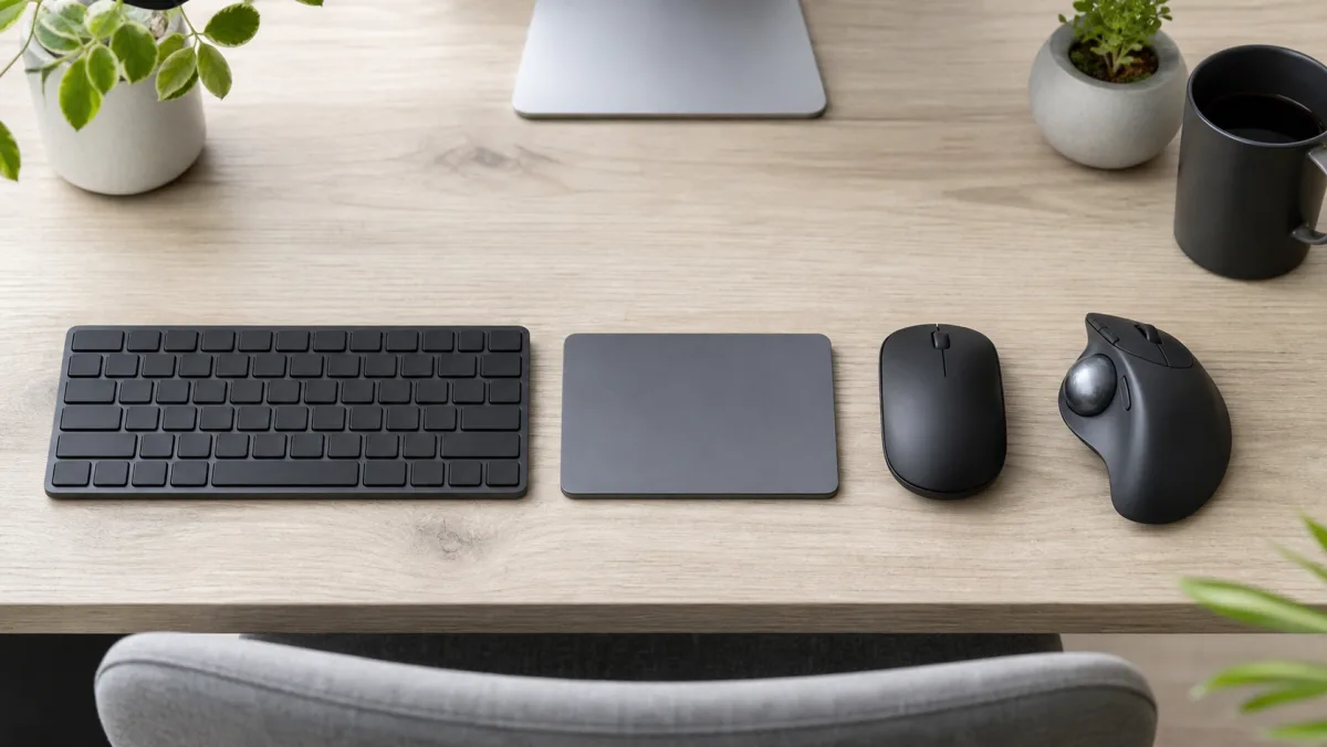 MacBookと一緒に揃えるもの|最初は最小限にする周辺機器リストを考えるための道具を並べたイメージ