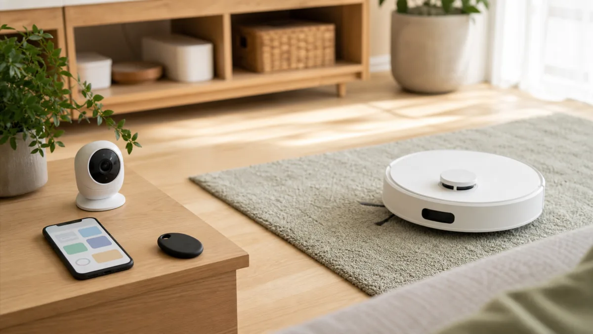 紛失防止タグの選び方｜対応スマホ・通知・付け方の確認点を考えるための道具を並べたイメージ